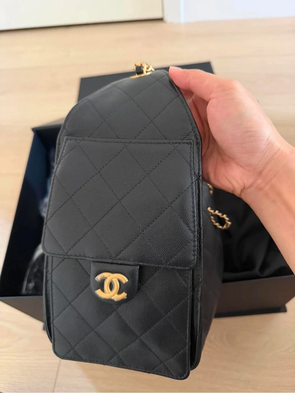 CHANEL Black Quilted Leather Shoulder Bag with Gold Chain & CC Logo